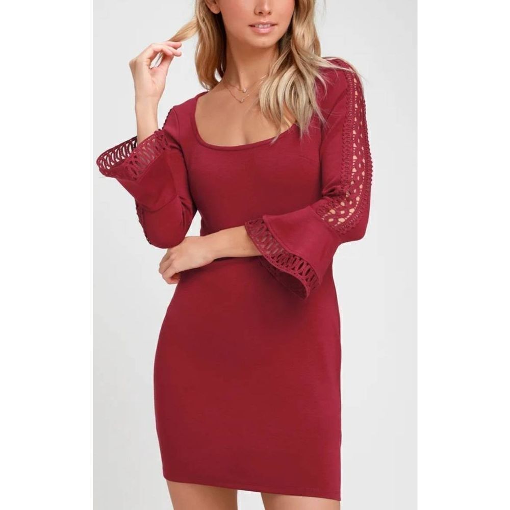 Lulus Charismatic Burgundy Flounce Sleeve Bodycon Mini Dress sz M